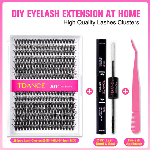 TDANCE DIY Lash Extension Kit Volume Lash Clusters 30D+40D D Curl Individual Lashes Lash Clusters Kit Thick Eyelash Extension Kit 280pcs Thin Band Cluster Lashes Lash Bond and Seal and Lash Tweezers