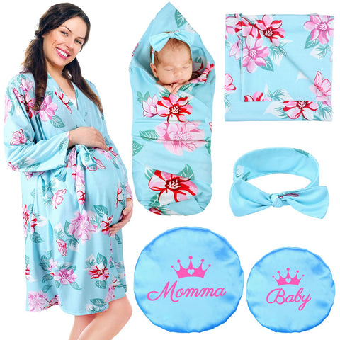 Mepase 5 Pcs Mommy and Me Robe Swaddle Headband Cap Set Including Maternity Robe Baby Blanket Headband Hat for Mom and Baby, Blue, XL