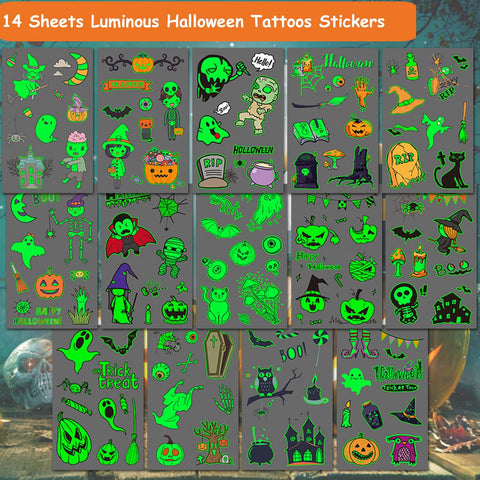 CHARLENT Luminous Halloween Temporary Tattoos for Kids Party Supplies - 120 Styles Glow in The Dark Halloween Pumpkin Skeletons Tattoos for Boys Girls Halloween Party Favors Treats Goodie Bag Fillers