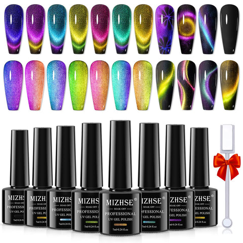 MIZHSE 8 Colors 9D Cat Eye Gel Nail Polish, Upgraded Magnetic Gel Polish Kit with Magnet Stick, Galaxy Chameleon Effect Silky Cat Eye Nail Gel Soak Off Nail Art Salon Manicure Home Ladies Gift