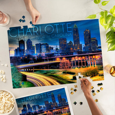 Charlotte, North Carolina, Skyline at Night (1000 Piece Puzzle, Challenging Jigsaw Puzzle for Adults, Made in USA)