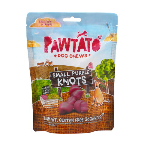 Pawtato Vegan dog chews Small Purple Knots. Natural rawhide alternative dog treat. Low fat, plant based, hypoallergenic, sweet potato chews, 150g