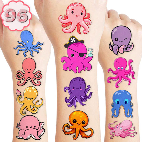 100 PCS Octopus Themed Birthday Party Favors Decorations Supplies Decor Octopus Ocean Under the Sea Animals Temporary Tattoos Stickers for Girls Boys Baby Shower Gifts Student School Prizes Rewards