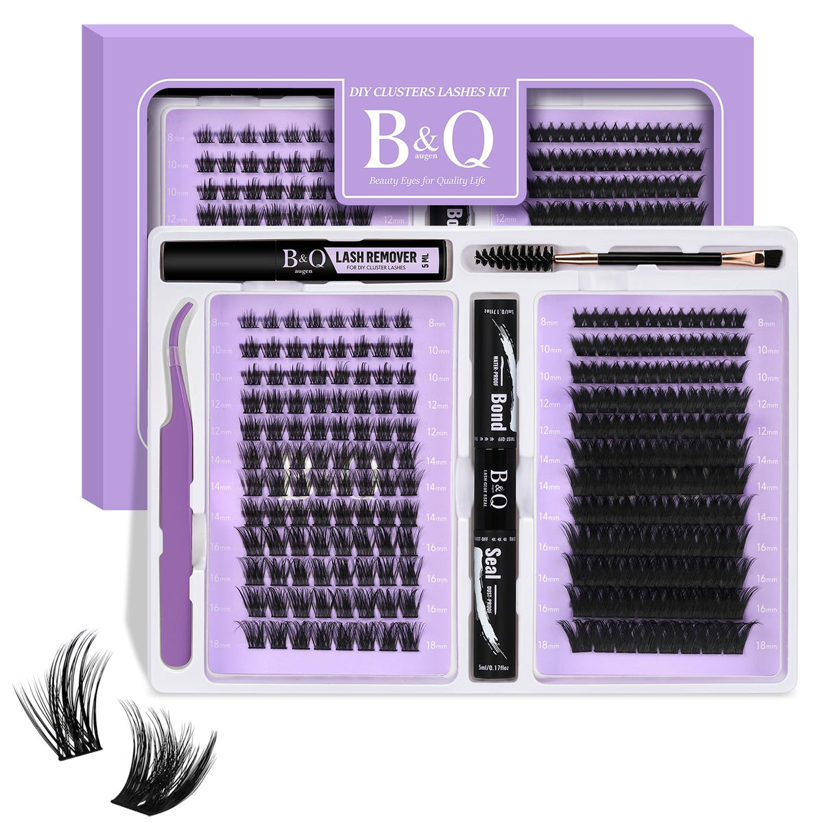 B&Q Lash Extension Kit for Beginners 192 pcs Eyelash Extension Kit B28+B37 8-18mm Mixed Lash Clusters Kit Individual Lashes Kit Wispy with Lash Glue and Remover Applications Eyelash Kit (B28+B37, Kit)