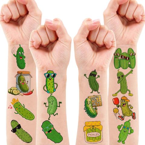 120 PCS Funny Pickle Temporary Tattoos Sticker Fruit Vegetable Cool Green Pickles Cucumber Birthday Party Decorations Supplies Favors Decor Gifts Boys Girls Cute Fake Tattoo School Reward Themed