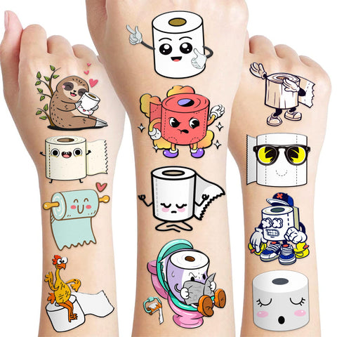 106 PCS Cute Funny Toilet Paper Temporary Tattoos Sticker Funny Toilet Paper Birthday Party Decorations Supplies Favors Gifts Baby Shower Boys Girls Cute Fake Tattoo School Reward Themed