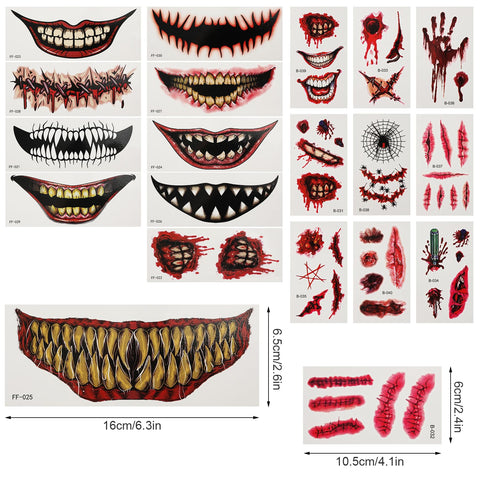 20 Sheets Halloween Tattoo Stickers, Realistic Waterproof Scary Big Mouth Face Sticker Halloween Tattoos Make up Stickers Face Tattoo for Halloween Cosplay Decor