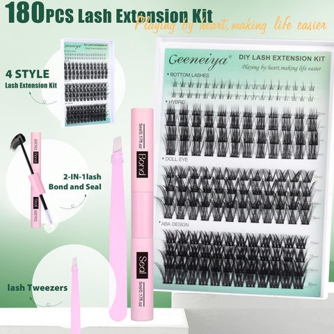 Geeneiya 4 Styles Lash Clusters Kit, C Curl Natural DIY Lash Extension Kit, 10-16MM Wispy Eyelash Extension Kit with Bottom Cluster Lashes, Waterproof Lash Bond and Seal, Tweezers (0.05D,180Pcs,Mix)