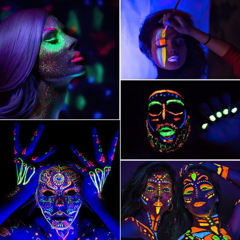 MIELIKKI 6Pcs UV Black Light Glow Face & Body Paint Set, Blacklight Glow Makeup Kit, Neon Fluorescent Face Paints for Rave Festivals, Parties, Night-Out, Easy to Use & Remove, Vibrant Colors