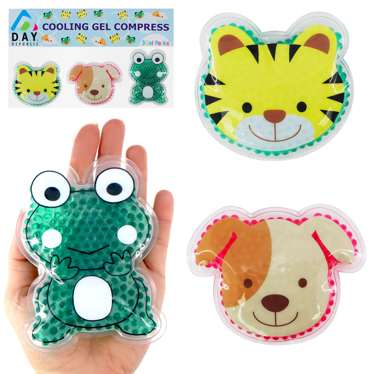 Reusable Soothing Kids Hot and Cold Gel Compress Ice Pack for Bruises and Bumps, Cool Packs for Injuries, First Aid, Pain Relief, Headache, Cuts & Insect Bites - 3 Cute Animal Packs