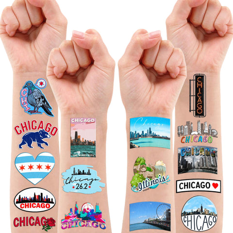 105 PCS Chicago City Skyline Flag Stickers Temporary Tattoos Stickers Birthday Party Decorations Supplies Favors Decor Cute Illinois Tattoo Sticker Gifts for Kids Boys Girls School Prizes Carnival