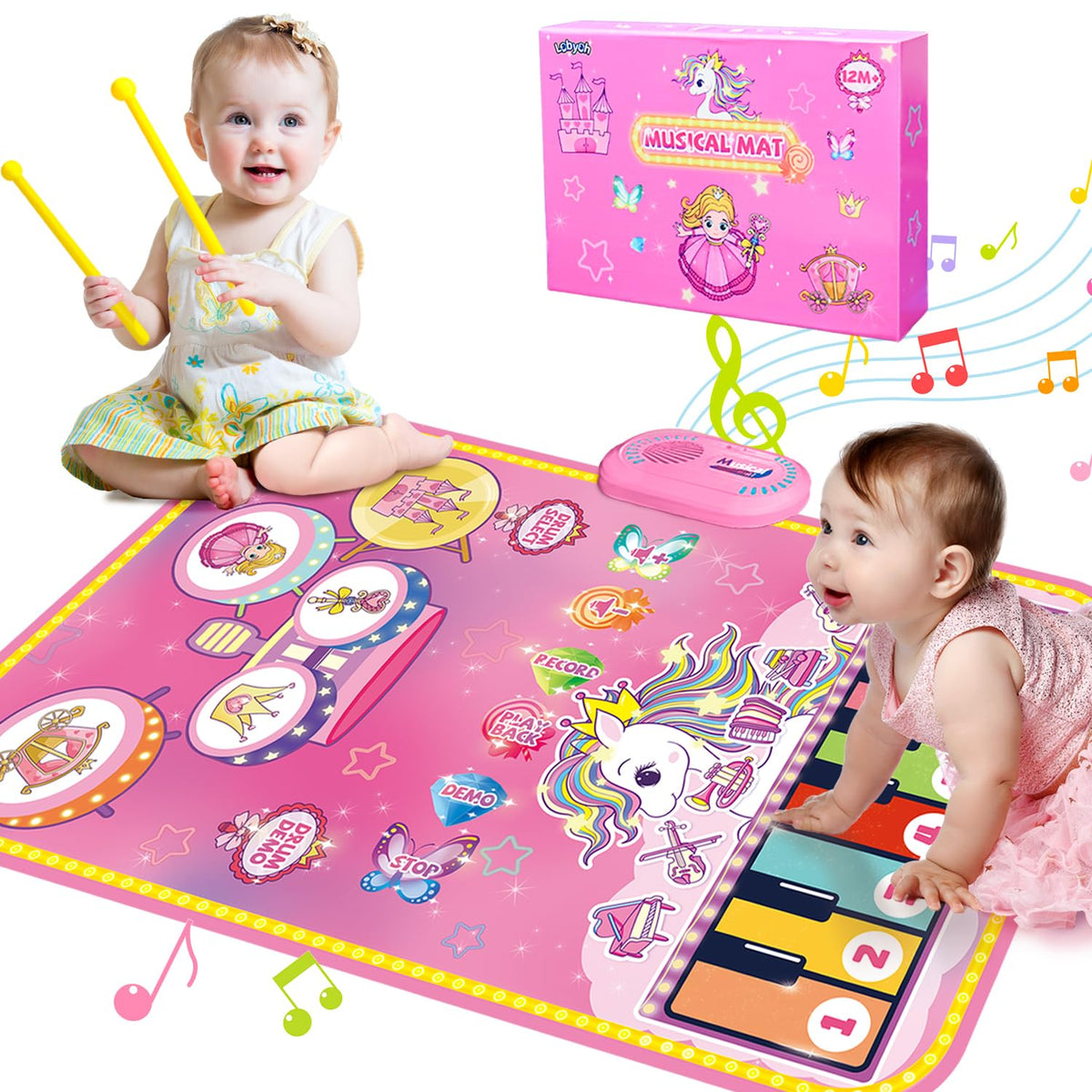 Lobyoh Toys for 1 Year Old Girl, 2 in 1 Music Mat Piano Playmat Toddlers Drum Toy, Princess Gifts for Girls 1 2 3 4 5 Year Old