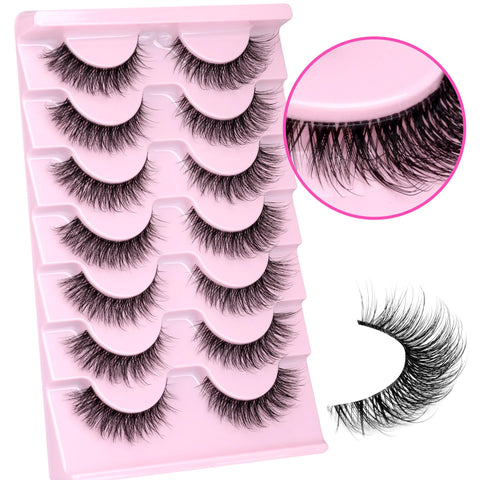 wiwoseo Natural Wispy Fluffy Lashes with Glue Cat Eyes Mink Lashes Clear Band Eyelashes with Glue Kit Russian Strip Lashes Natural Look False Eyelashes Extension Strip Lashes D Curly 7 Pairs Pack