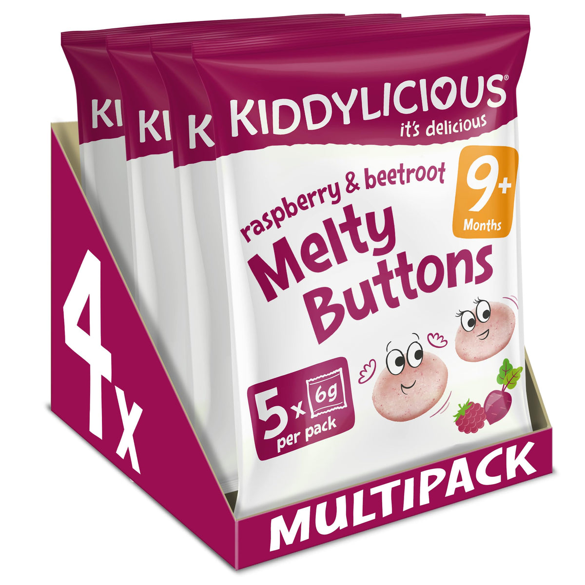 Kiddylicious Raspberry & Beetroot Melty Buttons - Delicious Snacks for Kids - Suitable for 9+ Months - 4 Packs of 5 (20 Total)