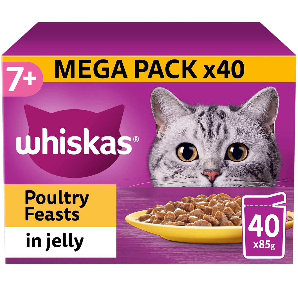 Whiskas 7+ Senior Cat Food Poultry Selection in Jelly, 85 g (Pack of 40), Packaging May Vary