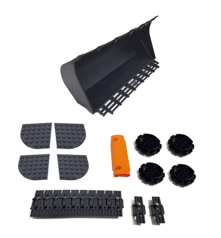 LEGO TECHNIC Excavator Extension Set - 4x Black Wheels, 68 Dark-Grey Caterpillar Track Links, 1x Black Excavator Bucket 18 x 10 Studs, 1x Orange Curved Panel 11 x 3 Studs, and 4x Dark-Green Quarter-Circle Boards 6 x 6 Studs