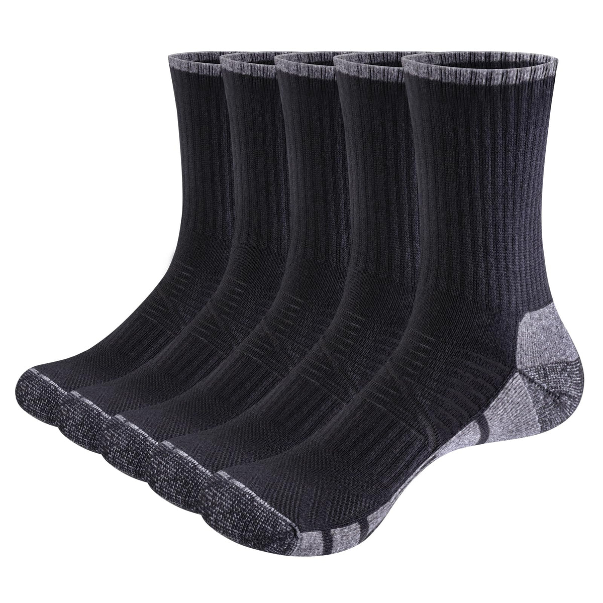 YUEDGE Mens Black Hiking Walking Socks Fitness Golf Training Sports Socks Moisture Wicking Cotton Athletic Cushioned Crew Socks For Men Size 9-12/10-13, Multipack, 5 Pairs