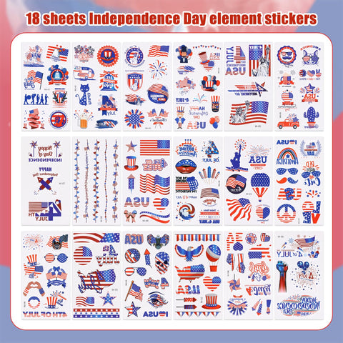 18 Sheets 4th of July Temporary Tattoos, USA Independence Day Tattoo Stickers Waterproof Fourth of July Body Art Tattoo Stickers American flag Face Tattoos for Patriotic Party Favors Supplies