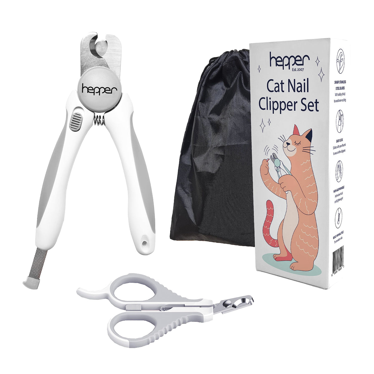 Hepper Cat Nail Clipper Kit - Small and Large Sharp Cat Claw Clippers with Added Nail File and Storage Pouch - Cat Nail Clippers with Safety Guard and Lock - Professional Cat Manicure â€¦