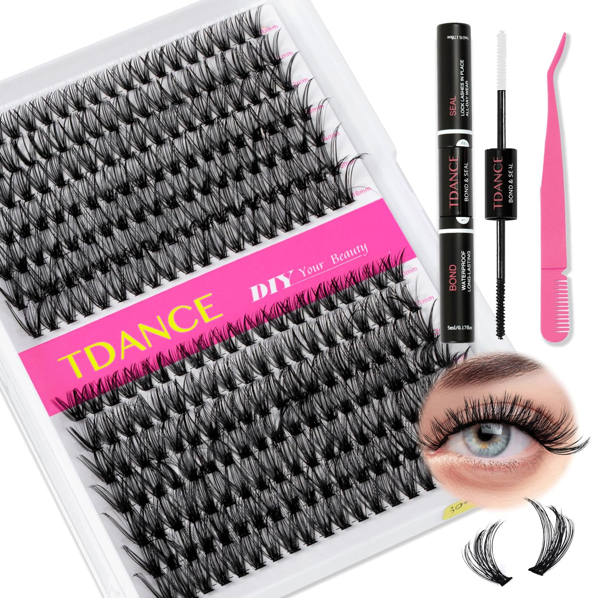 TDANCE DIY Lash Extension Kit Volume Lash Clusters 30D+40D D Curl Individual Lashes Lash Clusters Kit Thick Eyelash Extension Kit 280pcs Thin Band Cluster Lashes Lash Bond and Seal and Lash Tweezers