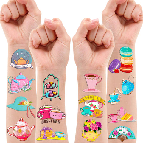 96 PCS Tea Party Time Temporary Tattoos Theme 1st Birthday Party Decorations Supplies Favors Decor Cute Floral Pink Teapot Teacup Tattoo Stickers Gifts For Kids Women Girls Boys School Prizes Carnival