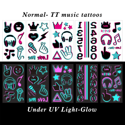 Konsait 10 Sheets Glow In The Dark Tattoos for Kids Adults, Safe and Easy to Use Neon Temporary Music Tattoos, Music Notes UV Blacklight Tattoos, Glow In The Dark Party Makeup Supplies Party Favors