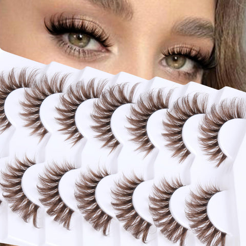 Brown Lashes Wispy Cat Eye Lashes Brown Eyelashes Clear Band False Eyelashes 7 Pairs Fake Eyelashes Fluffy Strip Lashes by Ruairie