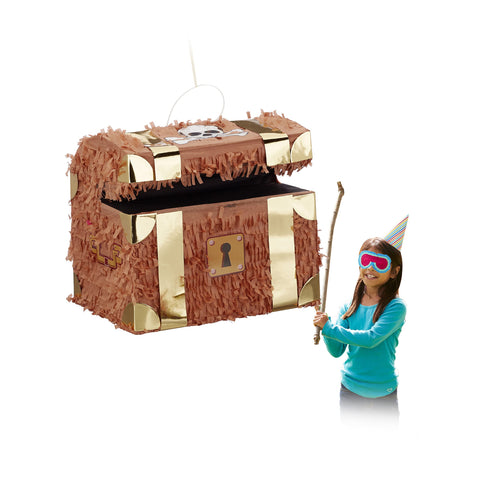 Relaxdays Hanging Treasure Chest Pinata, Children, Pirates, Birthday, Fillable, HxWxD: 27 x 30 x 23 cm, Brown