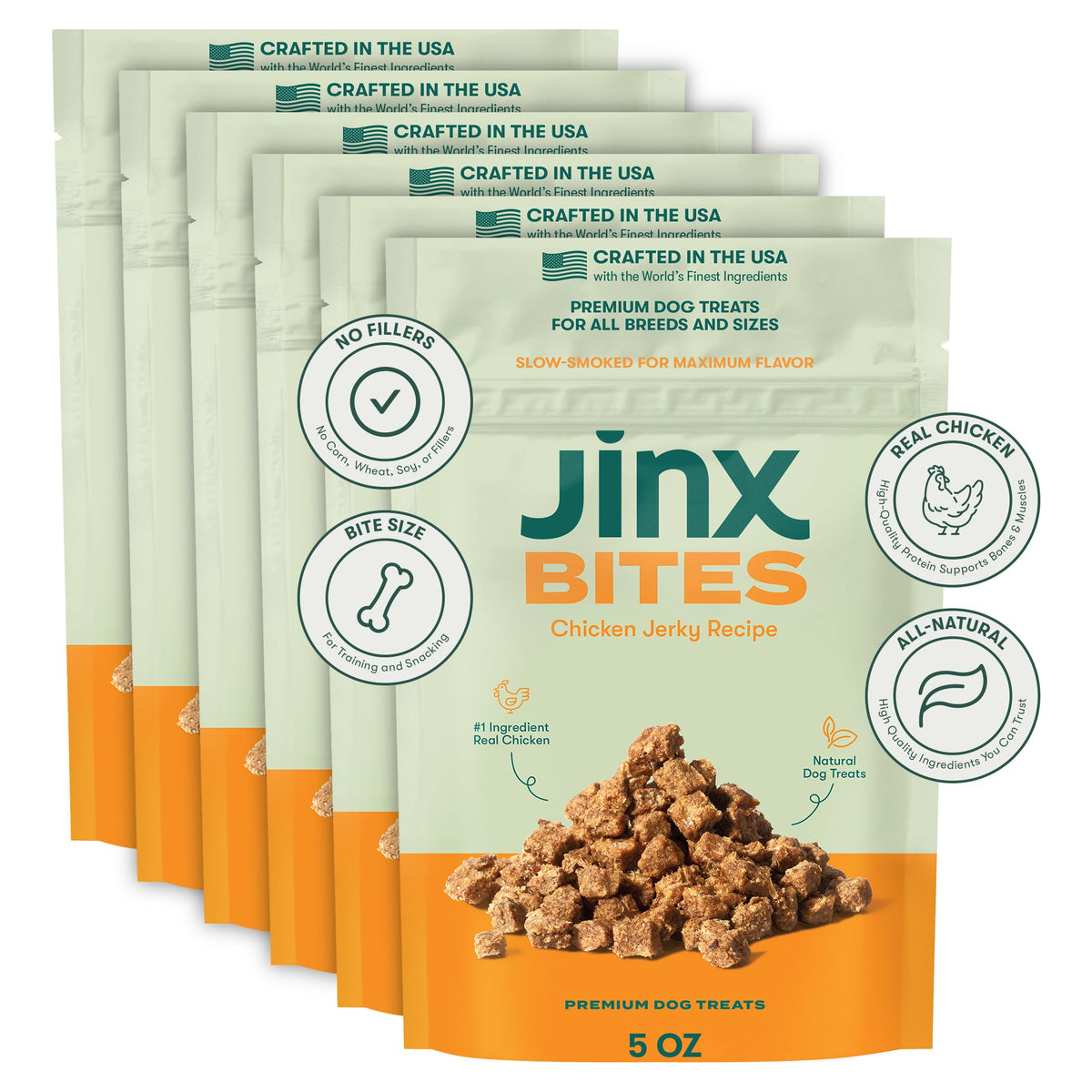 Jinx Chicken Bites Natural Soft Jerky Dog Treats - Made with Slow-Smoked Real Chicken, for Puppies, Adult, and Senior Dogs, 6-Pack, 5 oz. Bag Value Pack