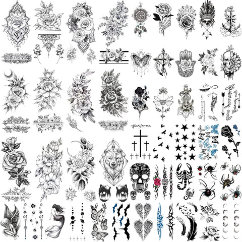 GLARYYEARS Floral Temporary Tattoo, 48-Pack Large + Small size Realistic Flower Tattoos, Mix Design Variety Pack Fake Tattoo Stickers for Women Girls Adults, Long-lasting Body Tattoos for Party