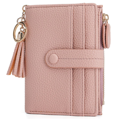 HKCLUF Small Purses for Women, Leather Wallet RFID Blocking Credit Card Holder Bifold Ladies Coin Purse with Tassel(Pink)