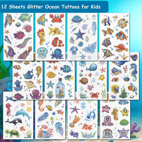 CHARLENT 120 Glitter Styles Under the Sea Creature Temporary Tattoos for Kids Party Supplies - Sea Creature Tattoos for Boys Girls Ocean Birthday Party Favors Goodie Bag Fillers