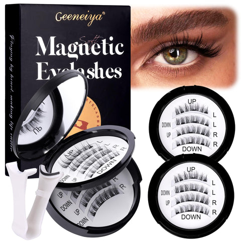 Geeneiya Magnetic Eyelashes with Applicator, Reusable Natural Magnetic Lashes without Eyeliner Kit, No Glue Needed Eyelashes with Magnets, Easy to Wear and Remove, 2Pairs 8 Pieces