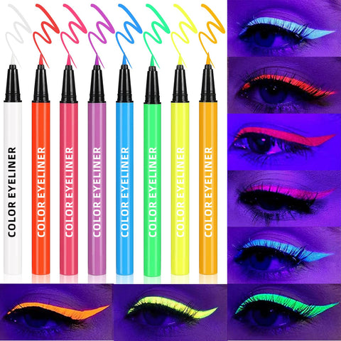 HOSAILY 8 Colors UV Glow Liquid Eyeliner Set, Face Paint Matte Colored Neon Eyeliner, Waterproof Long Lasting Colorful Graphic Liners Glow in the Dark Halloween Party Rave Delineadores Eye Makeup Gift