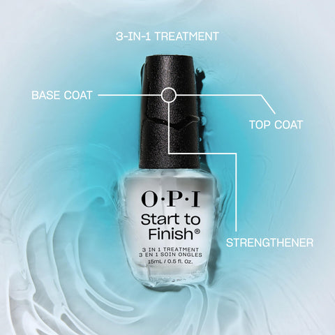 OPI Start To Finish 3in1 Nail Polish Treatment Leaving Long Lasting Shine, Clear Nail Polish Base Coat, Top Coat & Strengthener Treatment With a Vegan Formula, Vitamins A & E for Damaged Nails, 15ml