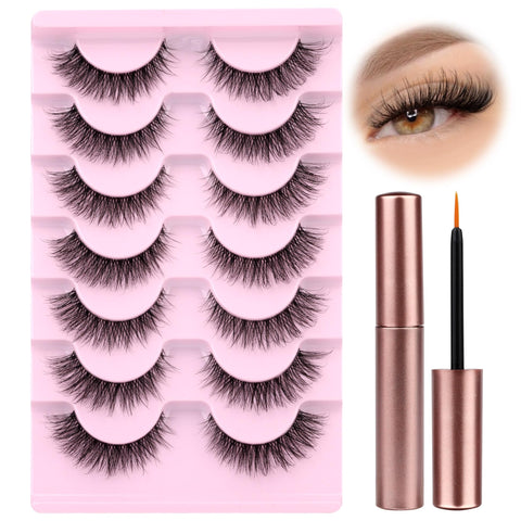 wiwoseo Natural Wispy Fluffy Lashes with Glue Cat Eyes Mink Lashes Clear Band Eyelashes with Glue Kit Russian Strip Lashes Natural Look False Eyelashes Extension Strip Lashes D Curly 7 Pairs Pack