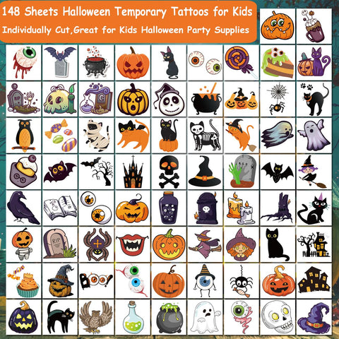 CHARLENT 148 Sheets Halloween Temporary Tattoos for Kids - Individual Halloween Pumpkin Skeletons Tattoos for Boys Girls Halloween Party Favors Treats Goodie Bag Fillers