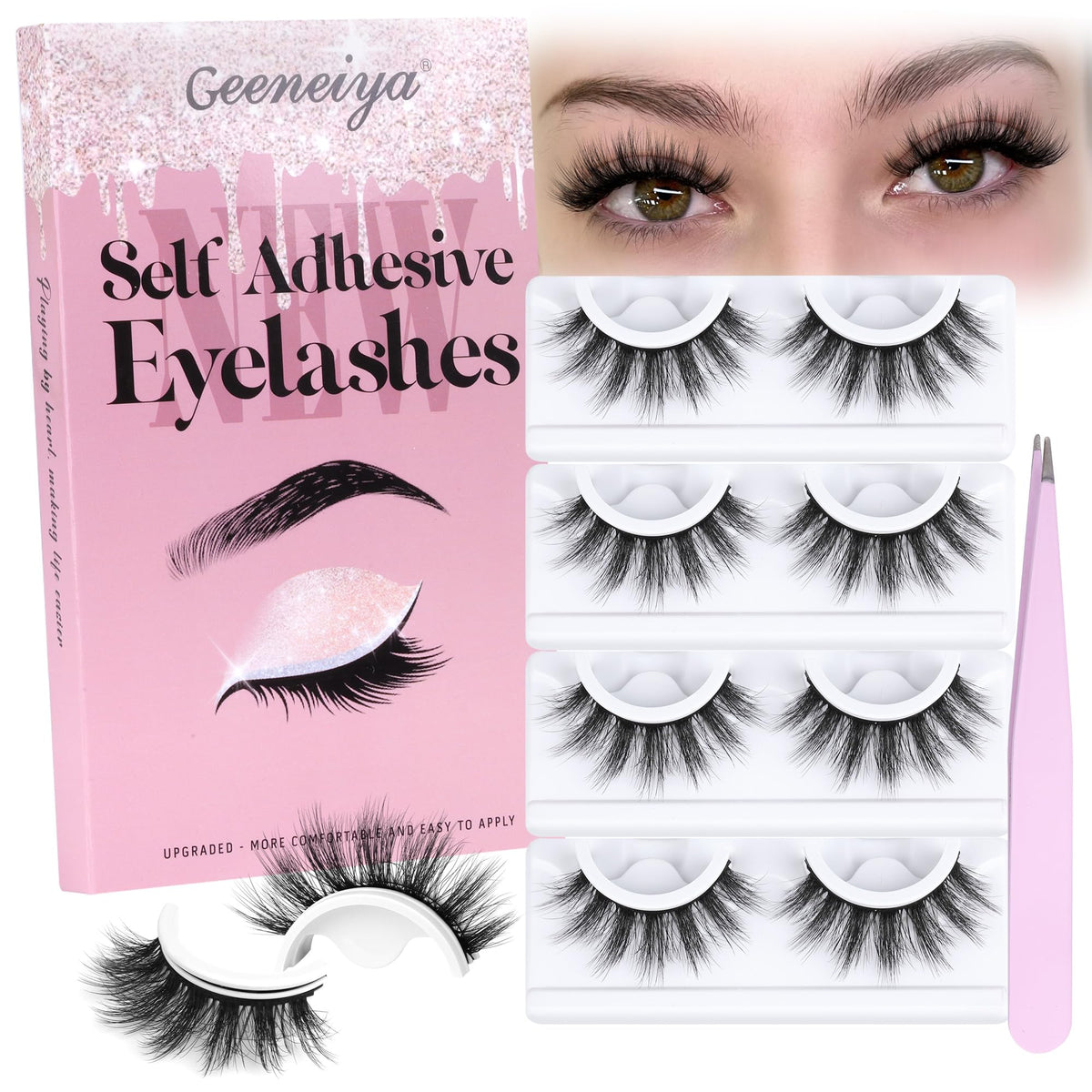 Geeneiya Mink Self Adhesive Eyelashes, Reusable Self Adhesive Lashes Natural Look, Wispy Press on Fake Eyelashes Fluffy Eye Lashes Pack, 4 Pairs Pre Glued False Eyelashes with Lash Tweezers