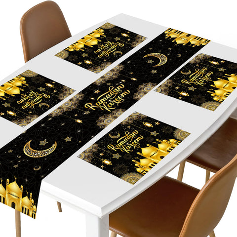 DPKOW Ramadan Decorations, 5pcs Ramadan Kareem Table Runner Place Mat, Fabric Washable Muslim Ramadan Tablecloth Place Mat Eid Mubarak Tablecloth Ramadan Dining Table Decoration Ramadan Party Supplies