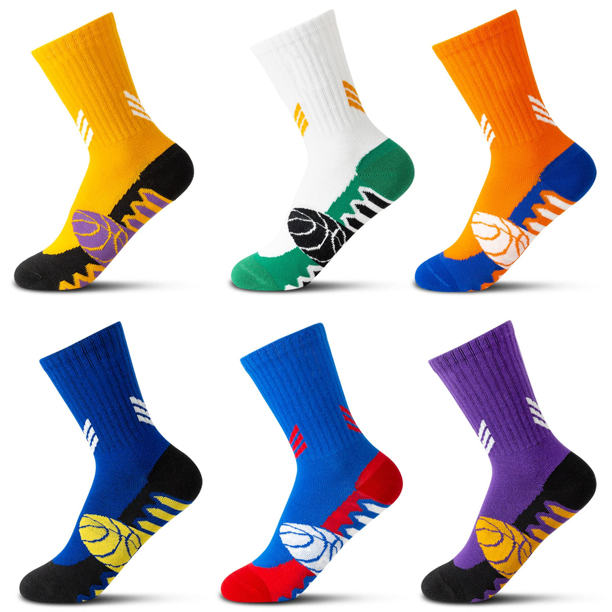 ELUTONG Boys Basketball Socks 6 Pairs Athletic Outdoor Sports Soccer Hiking Training Long Socks Multicolor