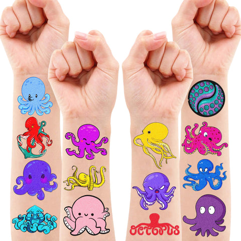 100 PCS Octopus Themed Birthday Party Favors Decorations Supplies Decor Octopus Ocean Under the Sea Animals Temporary Tattoos Stickers for Girls Boys Baby Shower Gifts Student School Prizes Rewards