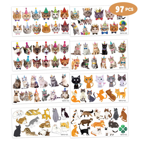 97 Pcs Funny Cat Temporary Tattoos Sticker Pet Animal Cats Themed Birthday Party Supplies Decorations Decor Favors Game Gifts Ideas Girls Boys Baby Showers Cute Fake Tattoo School Reward Home