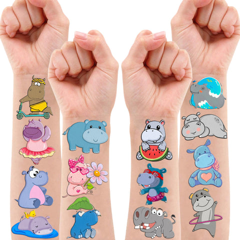 101PCS Little Hippo Hippopotamus Tattoos Temporary Stickers Theme Birthday Party Favors Decorations Supplies Decor Cute Funny Jungle Animals Tattoo Gifts For Kids Boys Girls School Prizes Carnival