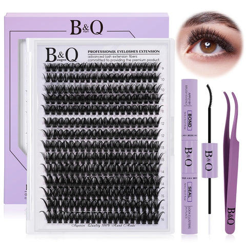 B&Q Lash Extension Kit for Beginners 280pcs Eyelash Extension Kit 50D 9-16 Mixed Lash Clusters Kit D Curl Lash Kit with Lash Bond and Seal Individual Lashes Kit DIY(50D-D-9-16MIX)