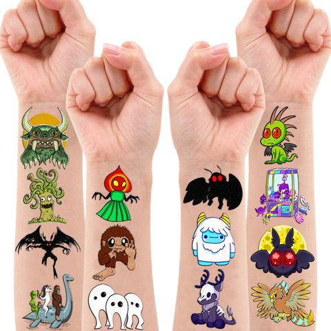 100PCS Cute Cryptid Temporary Tattoos Stickers Theme Birthday Party Decorations Supplies Favors Decor Cool Alien Bigfoot Mothman Yeti Tattoo Gifts For Boys Girls School Prizes Halloween Carnival