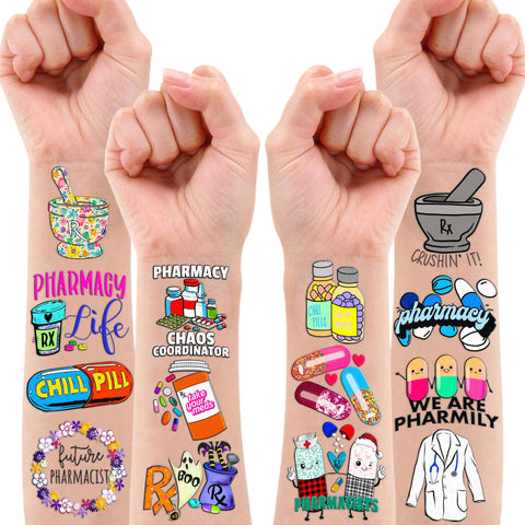 96PCS Funny Future Pharmacist Pharmacy Stickers Temporary Tattoos Happy Birthday Party Decorations Supplies Favors Decor Doctor Nurse Tattoo Gifts For Graduation Kids Adults Boys Girls Prizes Carnival