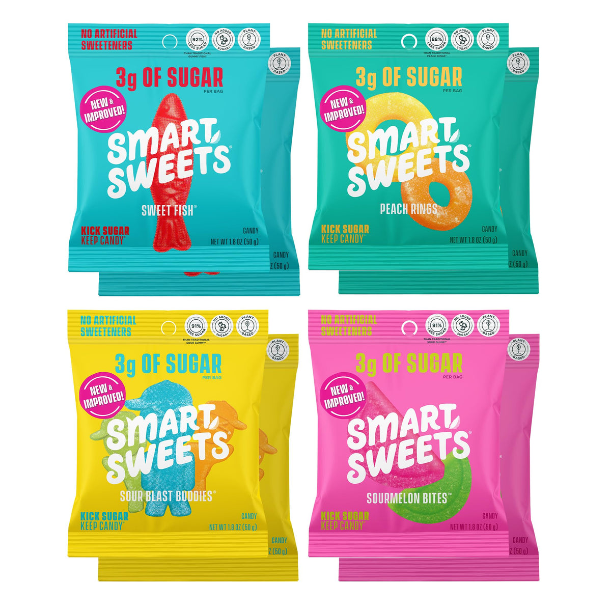 SmartSweets Variety Pack Easter Candy, 1.8oz (Pack of 8), Candy With Low Sugar & Calorie, Healthy Snacks For Kids & Adults - Sweet Fish, Sourmelon Bites, Peach Rings, Sour Blast Buddies