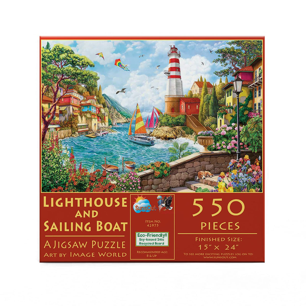 SUNSOUT INC - Lighthouse and Sailing Boat - 550 pc Jigsaw Puzzle by Artist: Image World - Finished Size 15" x 24" - MPN# 42975