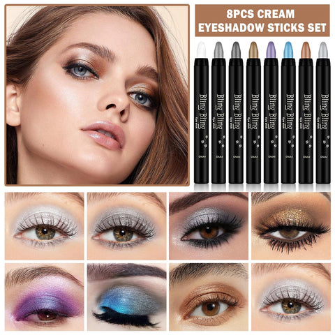 CAHIUYOA 8PCS Eyeshadow Stick Shimmer Eye Shadow Sticks Set Soft Smooth Cream Eyeshadow Stick Pearl White Black Gray Silver Khaki Purple Blue Golden Brown Glitter Eyeshadow Pencil