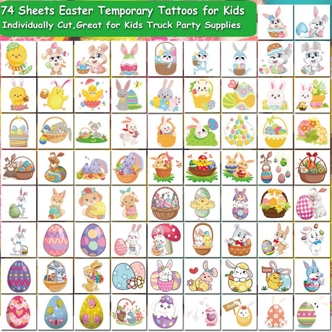 CHARLENT Easter Temporary Tattoos for Kids Party Supplies - 74 Individually Sheets Easter Egg Bunny Tattoos for Boys Girls Party Favors Goodie Bag Fillers